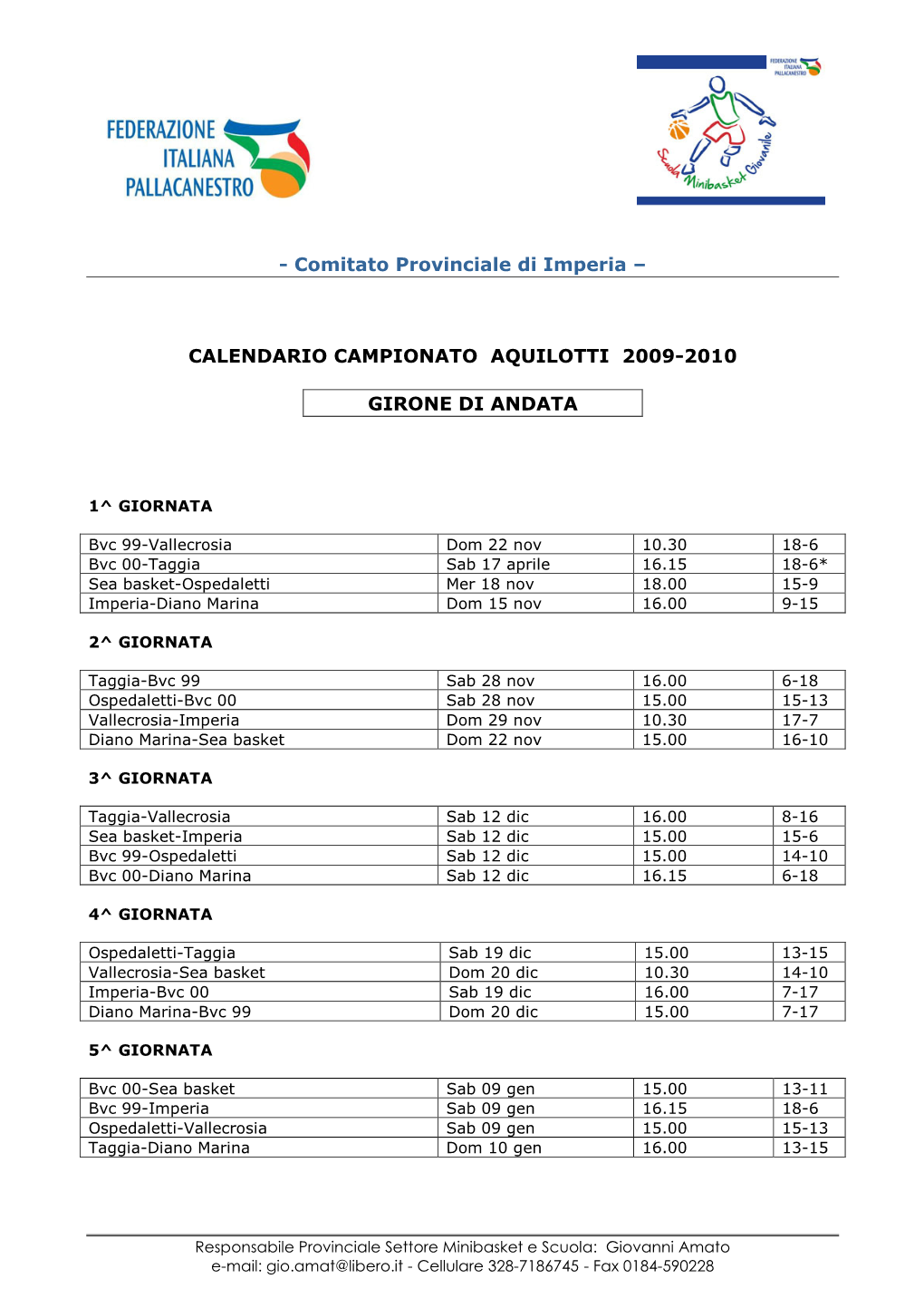 Calendario Campionato Aquilotti 2009-2010 Girone Di