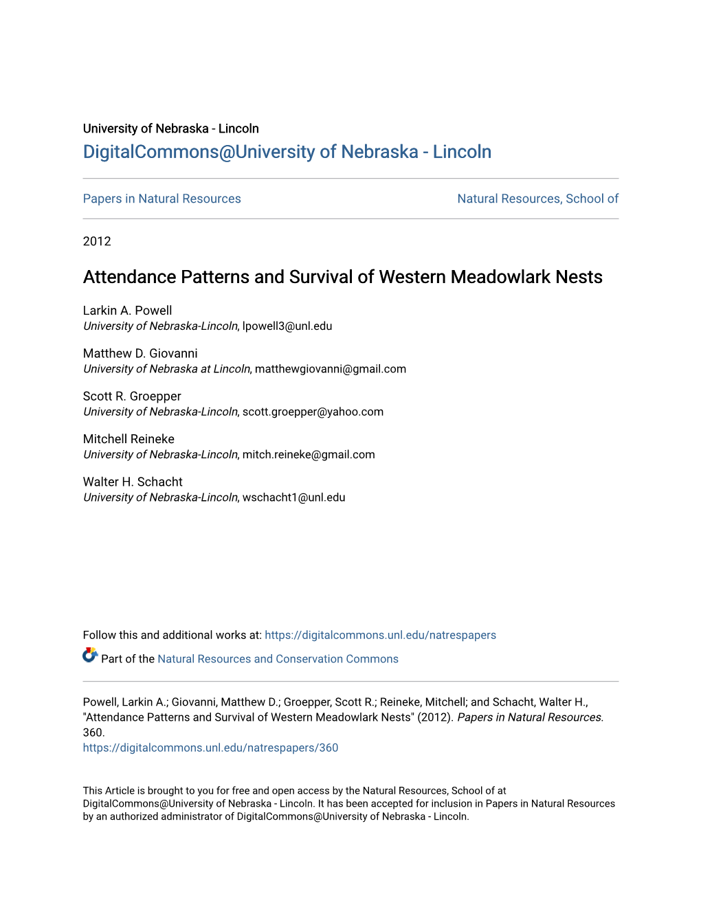 Attendance Patterns and Survival of Western Meadowlark Nests