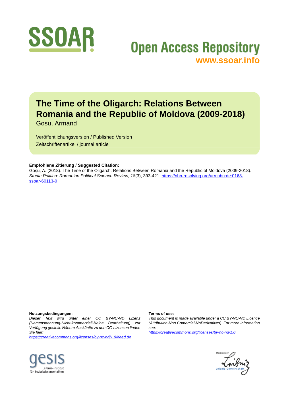 The Time of the Oligarch. Relations Between Romania and the Republic of Moldova (2009-2018)1