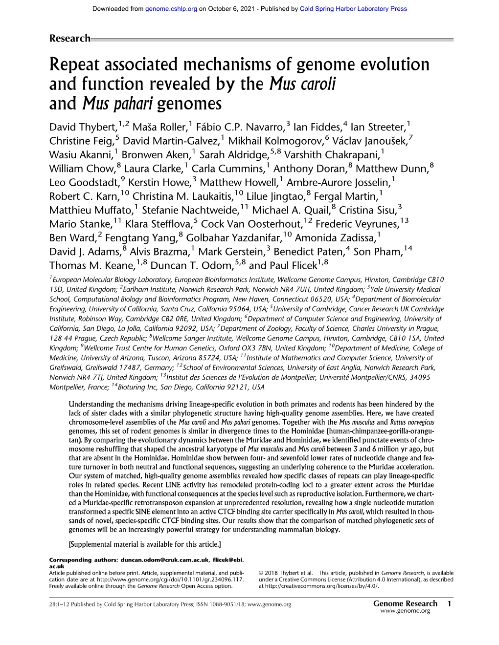 Repeat Associated Mechanisms of Genome Evolution and Function Revealed by the Mus Caroli and Mus Pahari Genomes David Thybert,1,2 Maša Roller,1 Fábio C.P