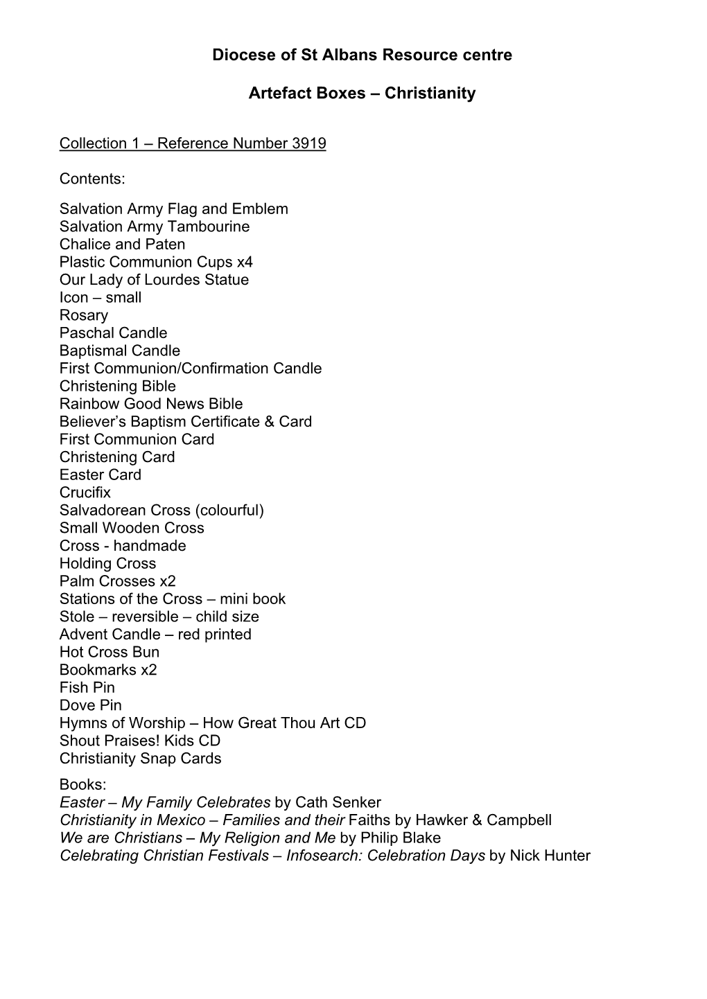 Diocese of St Albans Resource Centre Artefact Boxes – Christianity