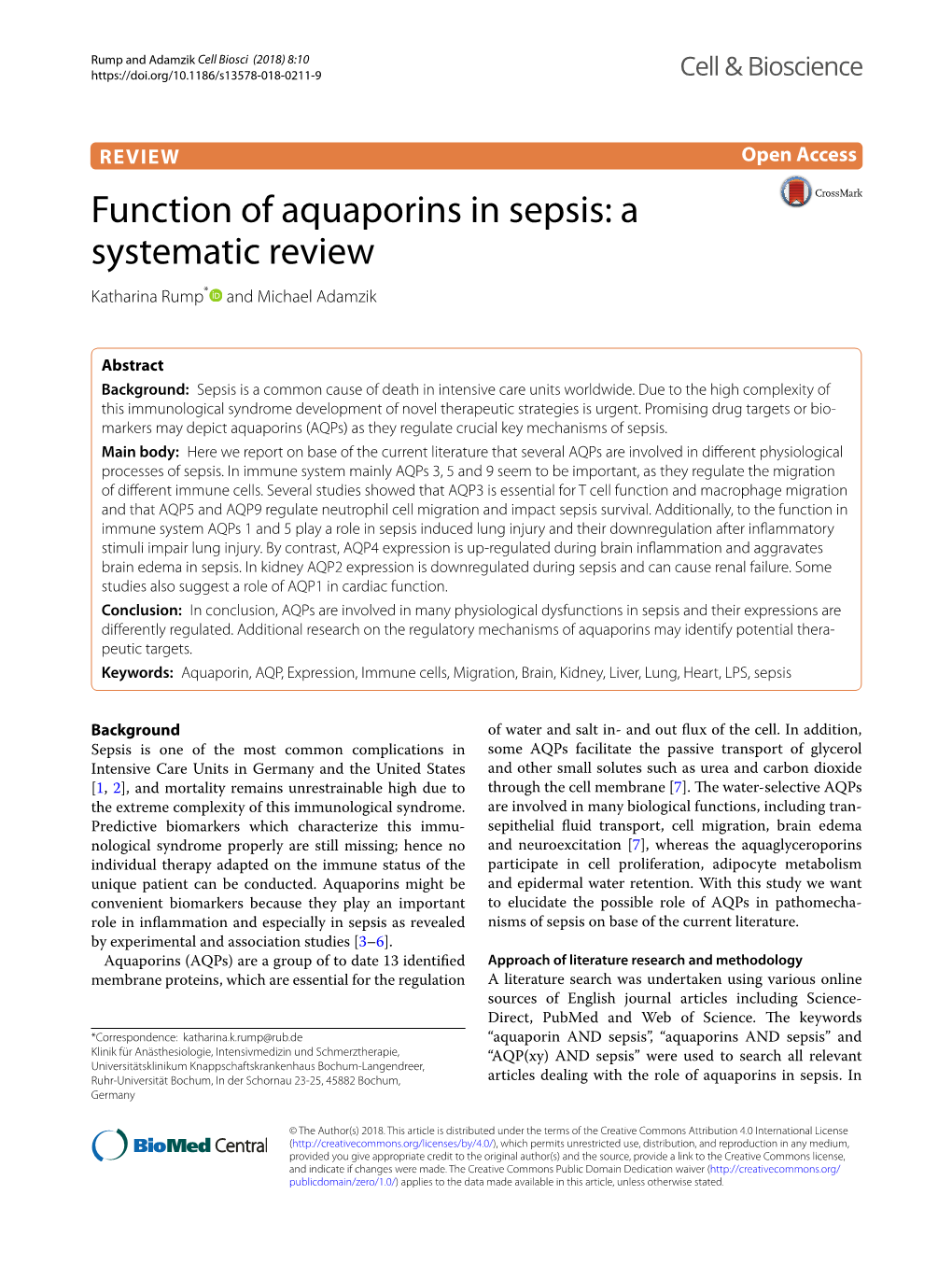 Function of Aquaporins in Sepsis: a Systematic Review Katharina Rump* and Michael Adamzik