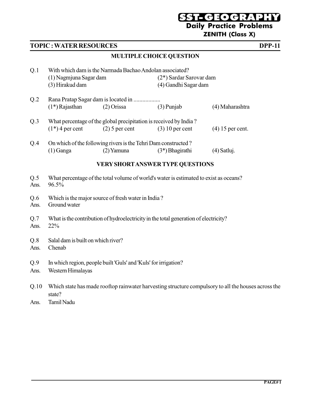 SST-GEOGRAPHY Daily Practice Problems ZENITH (Class X) TOPIC : WATER RESOURCES DPP-11 MULTIPLE CHOICE QUESTION