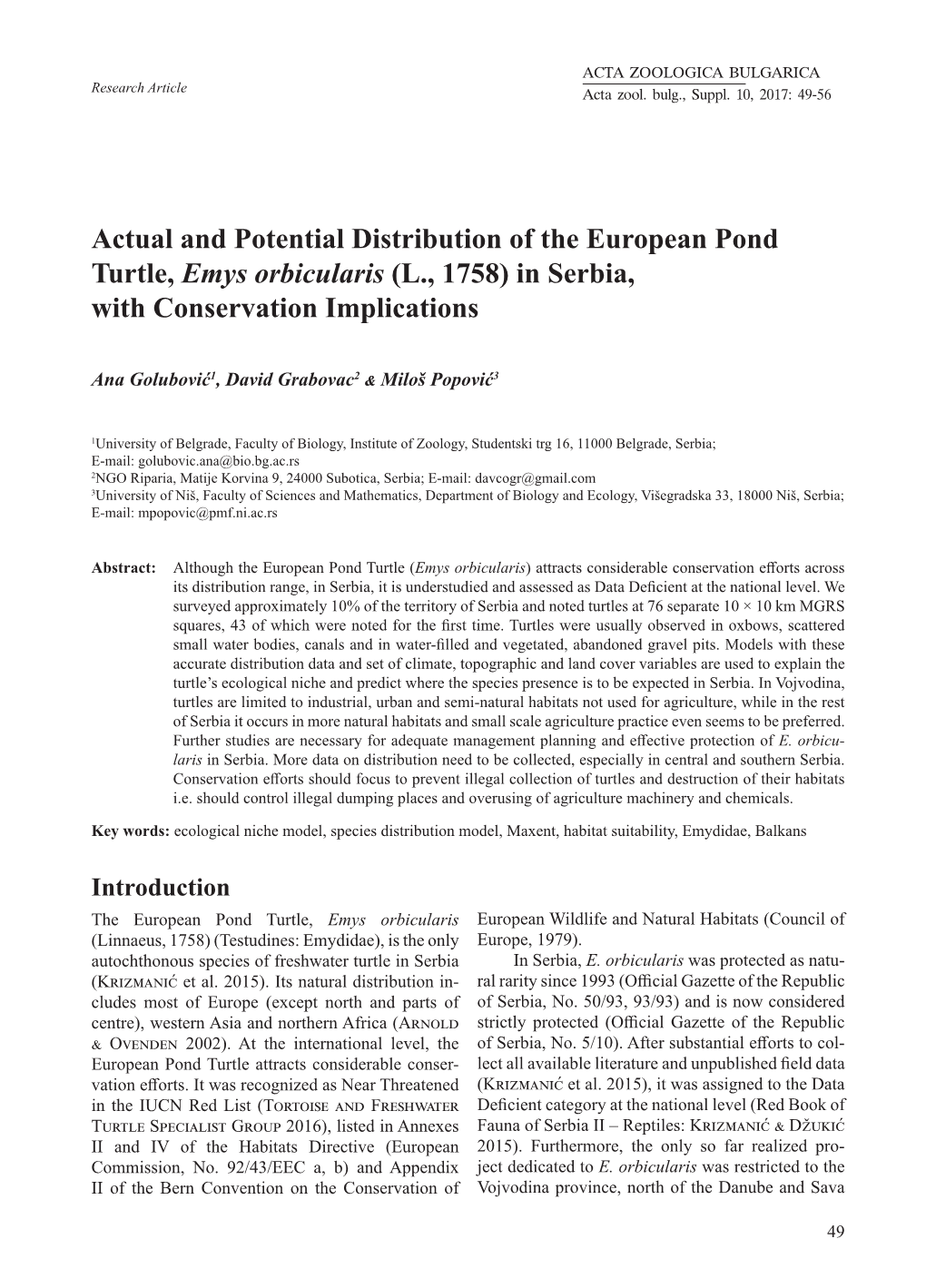 Actual and Potential Distribution of the European Pond Turtle, Emys Orbicularis (L., 1758) in Serbia, with Conservation Implications