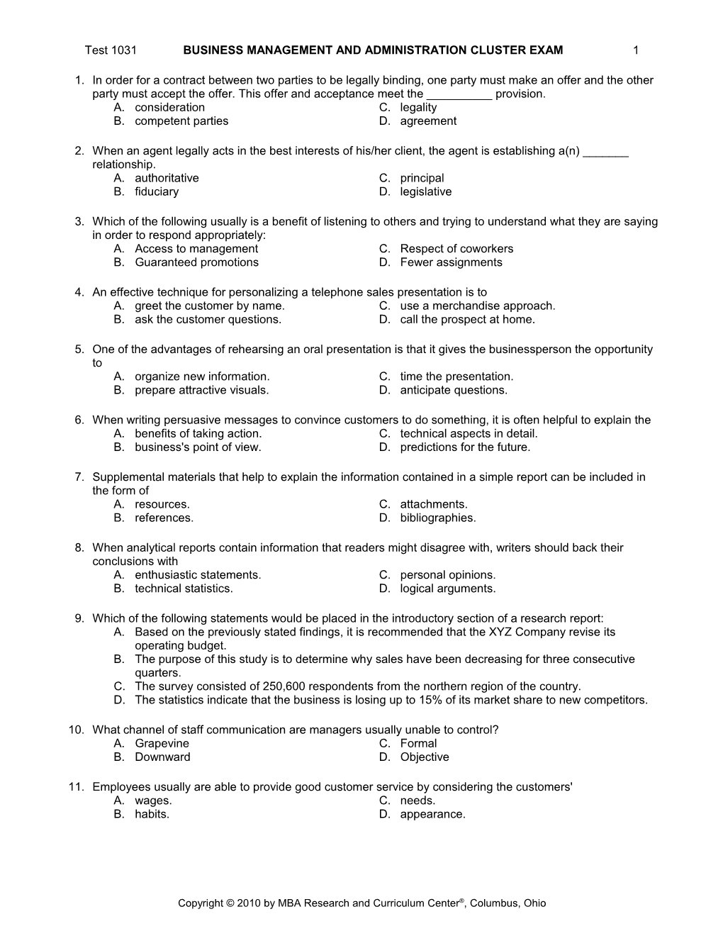 Test 1031 BUSINESS MANAGEMENT and ADMINISTRATION CLUSTER EXAM 9