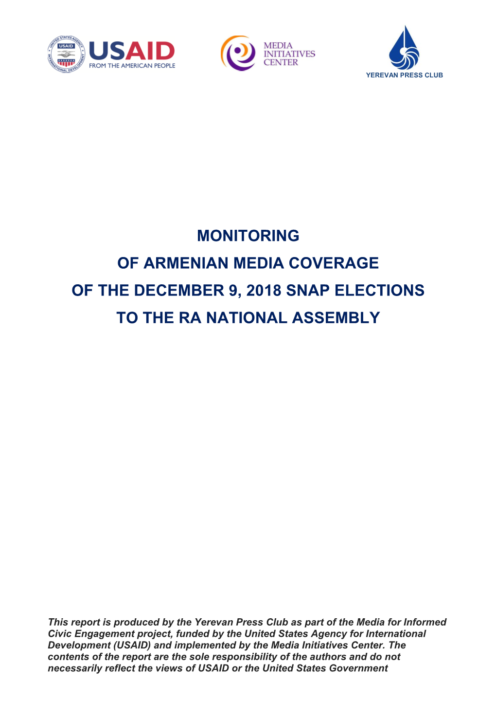 Monitoring of Armenian Media Coverage of the December 9, 2018 Snap Elections to the Ra National Assembly