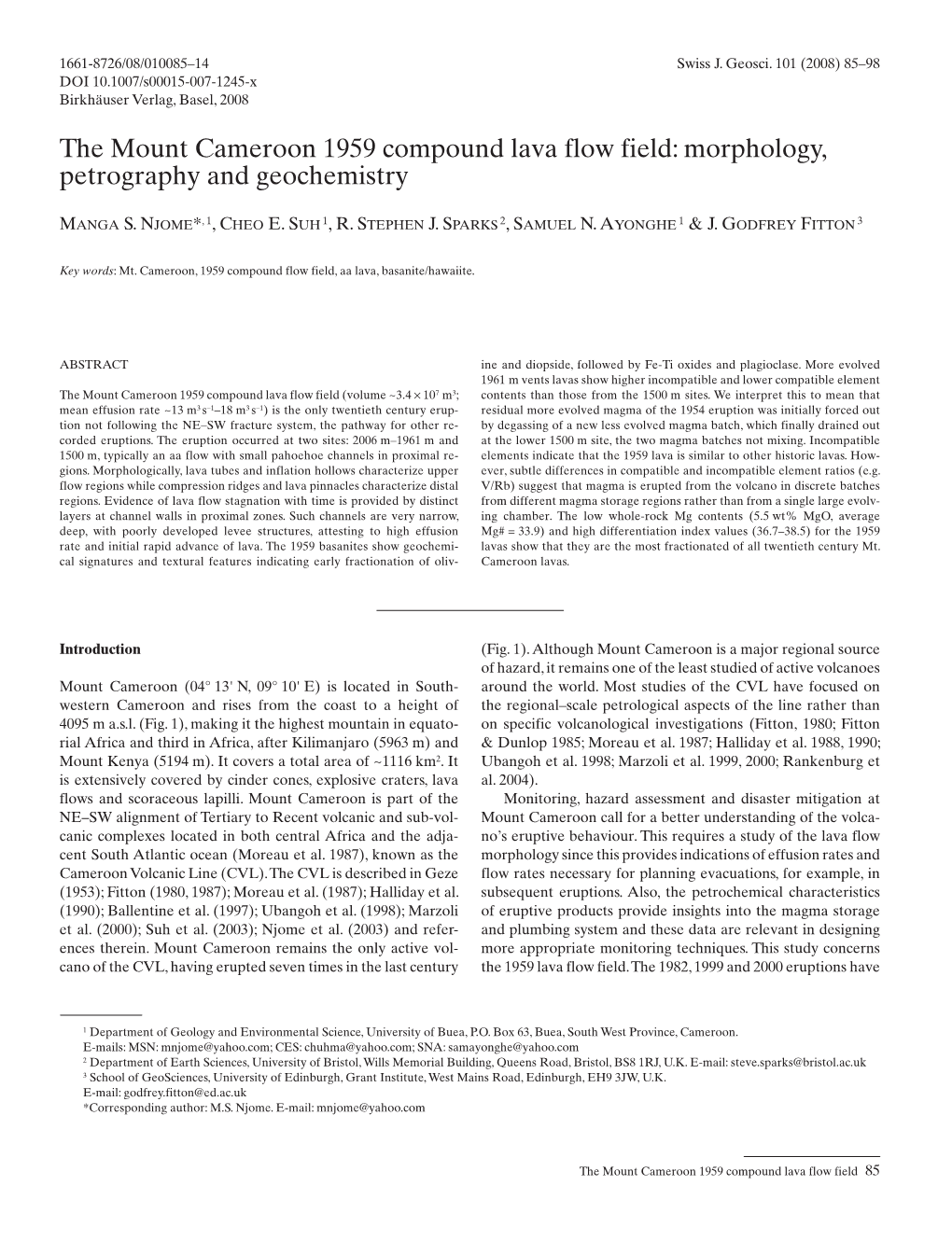 The Mount Cameroon 1959 Compound Lava Flow Field: Morphology, Petrography and Geochemistry