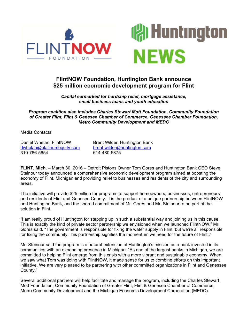Flintnow Foundation, Huntington Bank Announce $25 Million Economic Development Program for Flint
