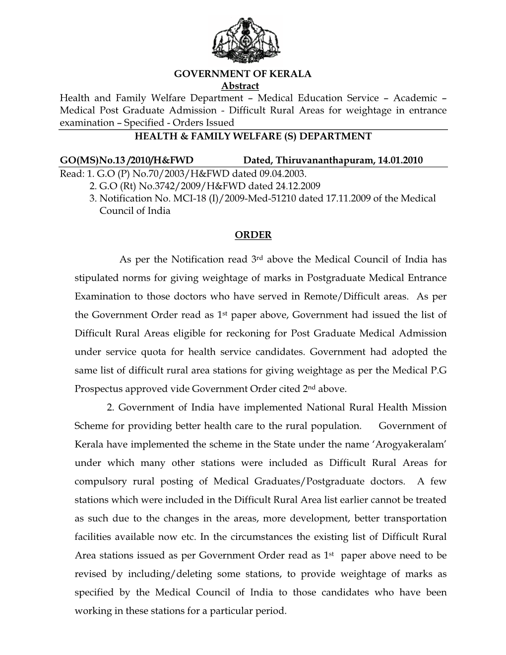 Difficult Rural Areas for Weightage in Entrance Examination – Specified - Orders Issued HEALTH & FAMILY WELFARE (S) DEPARTMENT