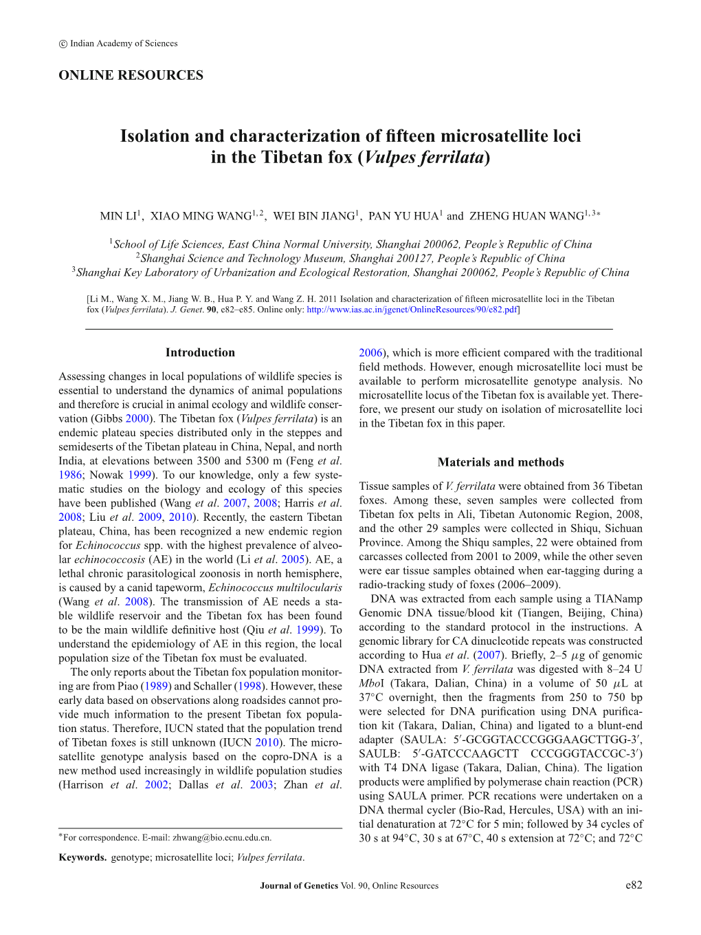 Isolation and Characterization of Fifteen Microsatellite Loci in the Tibetan Fox