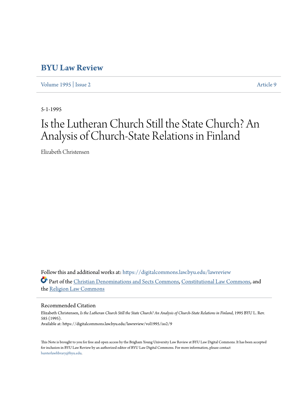 An Analysis of Church-State Relations in Finland Elizabeth Christensen