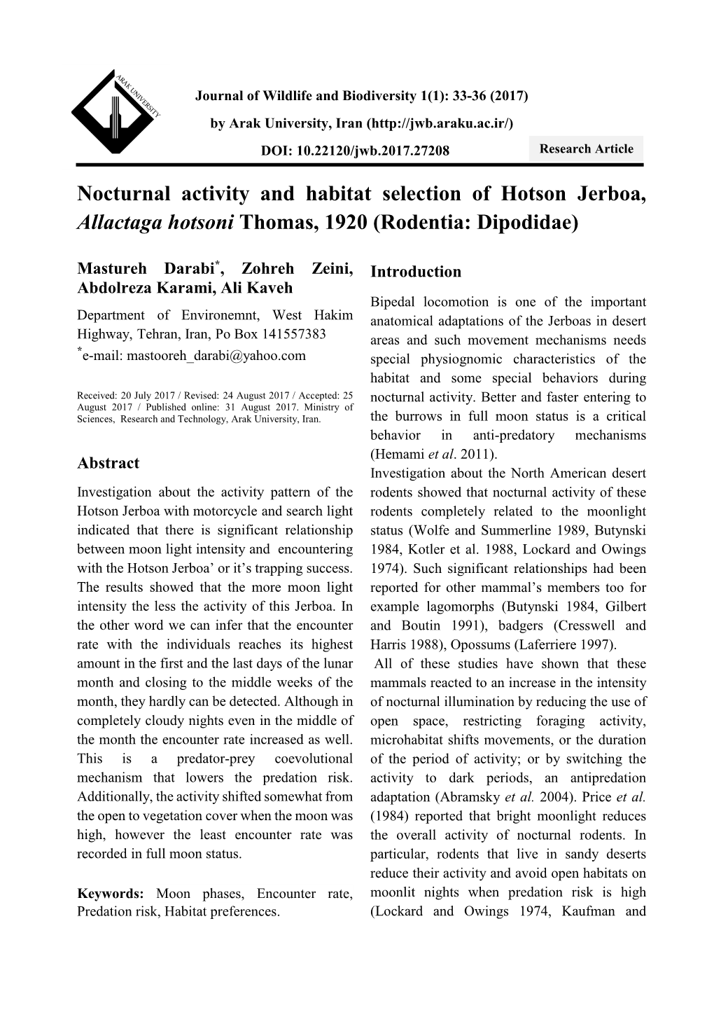 Nocturnal Activity and Habitat Selection of Hotson Jerboa, Allactaga