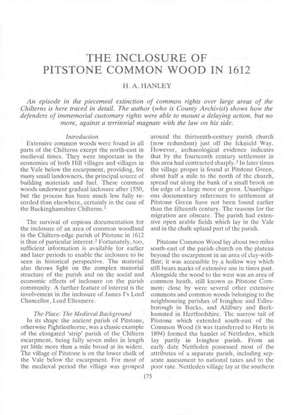 The Inclosure of Pitstone Common Wood in 1612 H