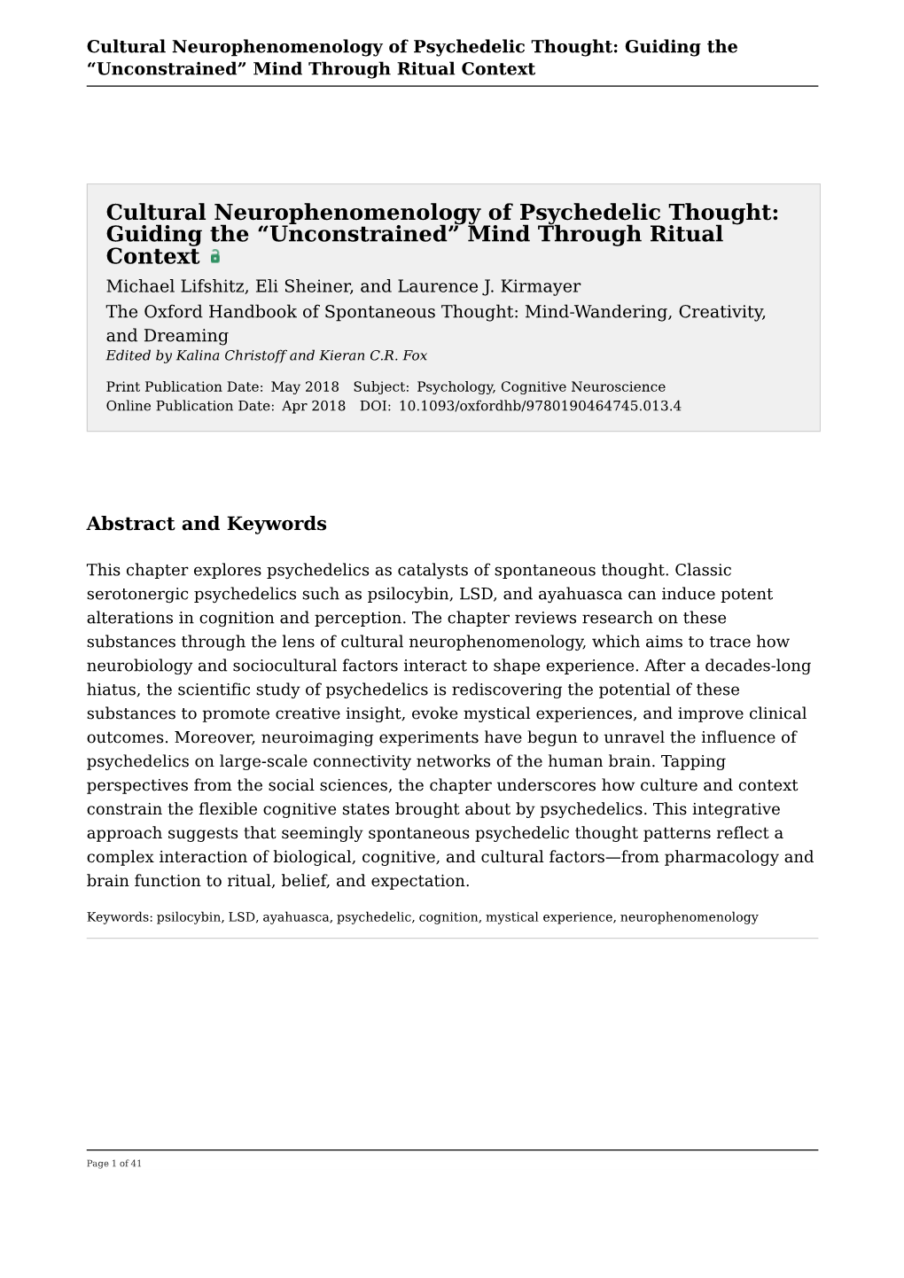 Cultural Neurophenomenology of Psychedelic Thought: Guiding the “Unconstrained” Mind Through Ritual Context