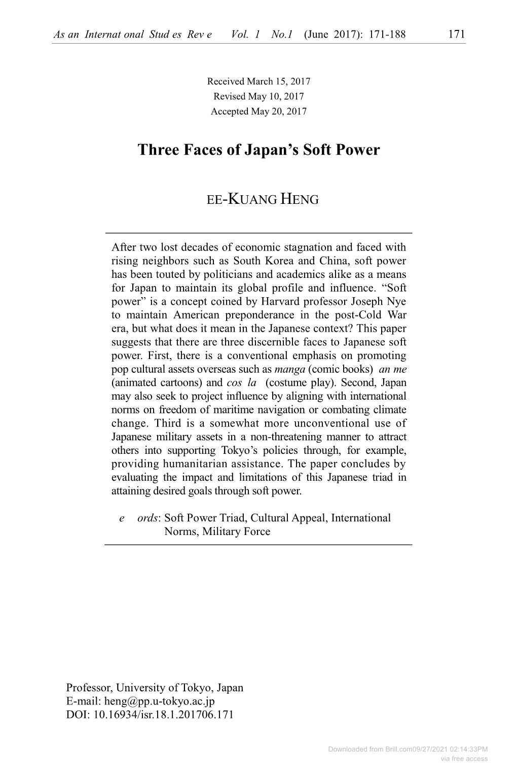 Downloaded from Brill.Com09/27/2021 02:14:33PM Via Free Access 172 Three Faces of Japan’S Soft Power