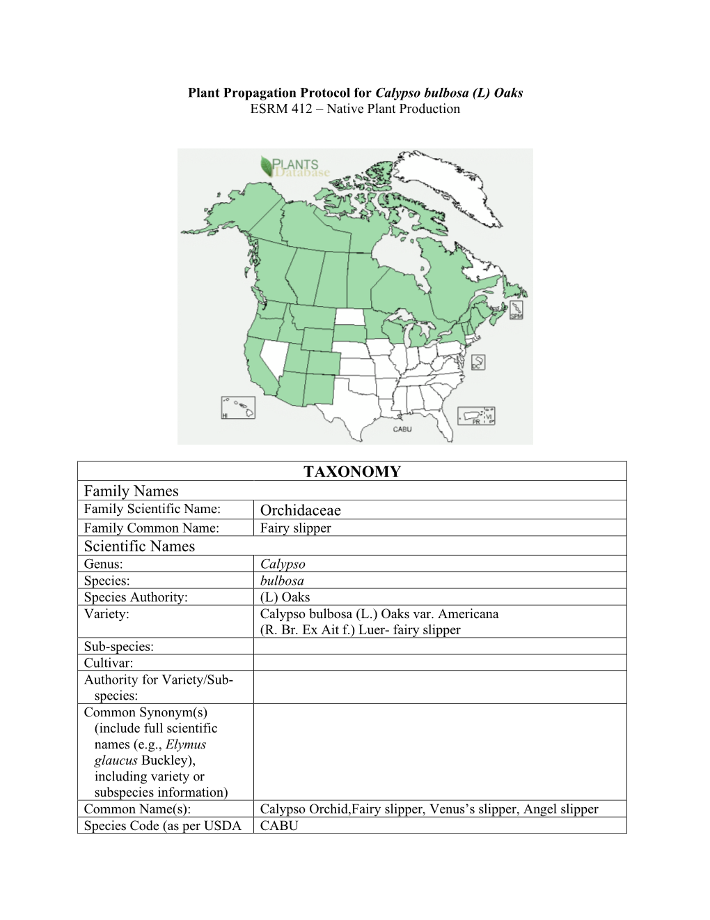 TAXONOMY Family Names Orchidaceae Scientific Names