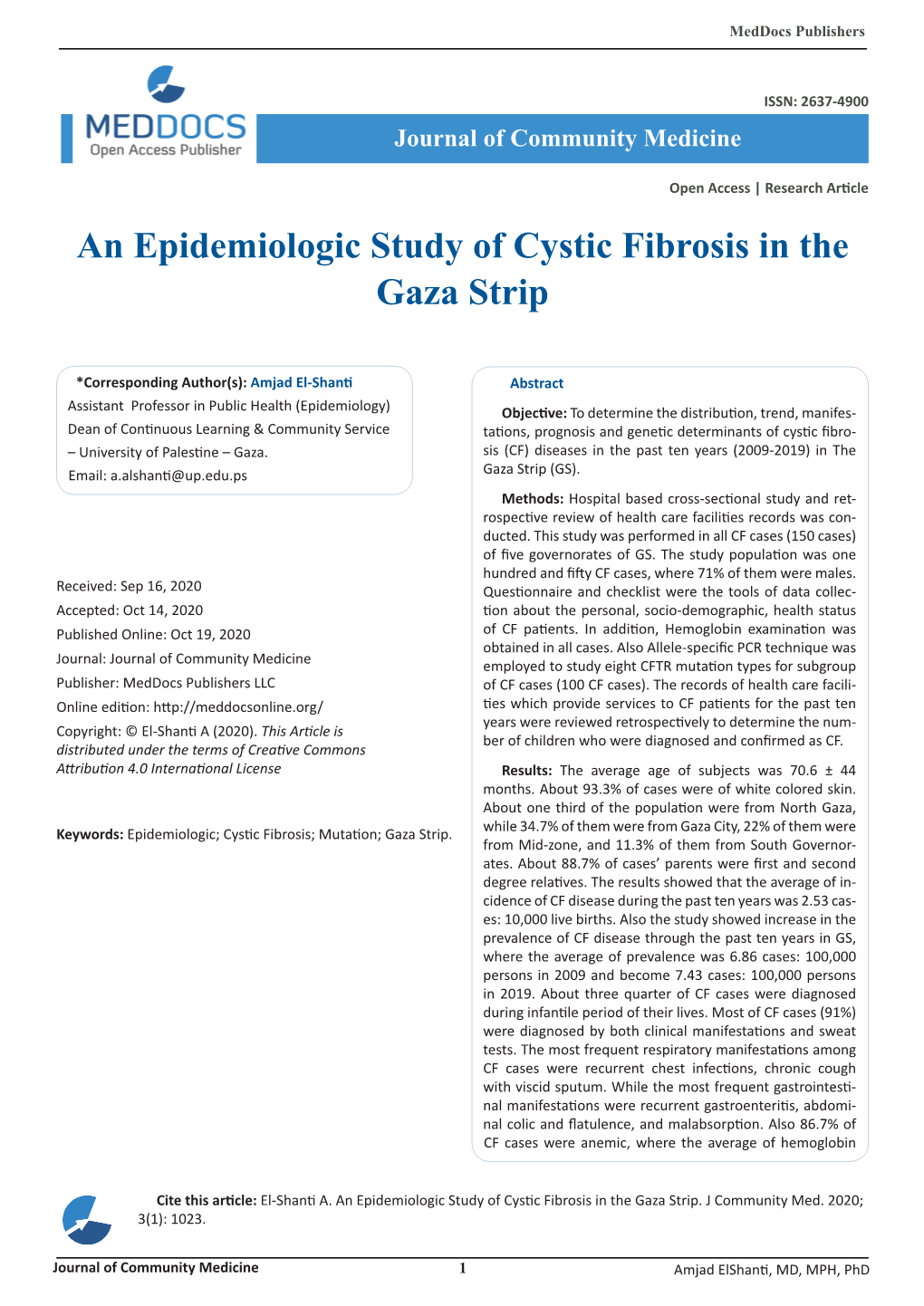 An Epidemiologic Study of Cystic Fibrosis in the Gaza Strip