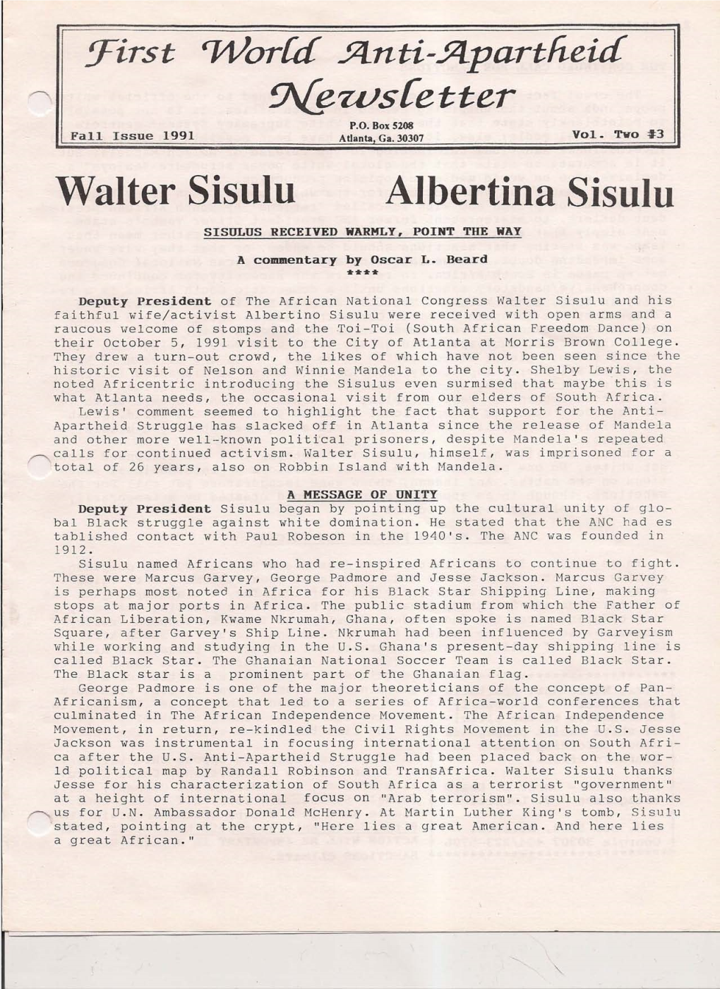 Walter Sisulu Albertina Sisulu SISULUS RECEIVED WARMLY, POINT the WAY