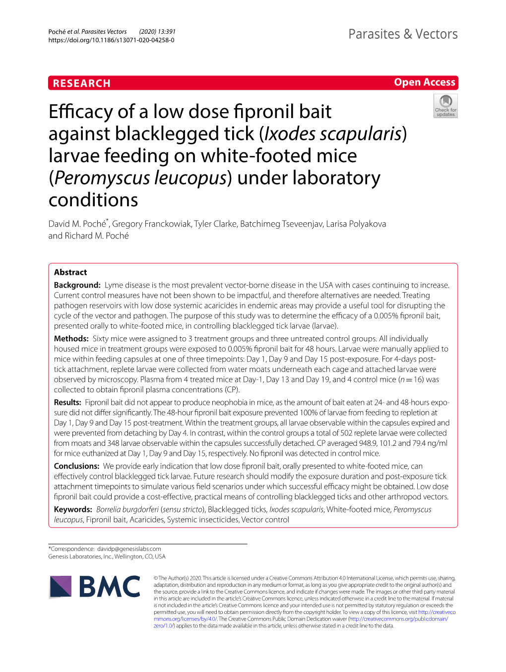 Efficacy of a Low Dose Fipronil Bait Against Blacklegged Tick (Ixodes Scapularis) Larvae Feeding on White-Footed Mice (Peromyscu