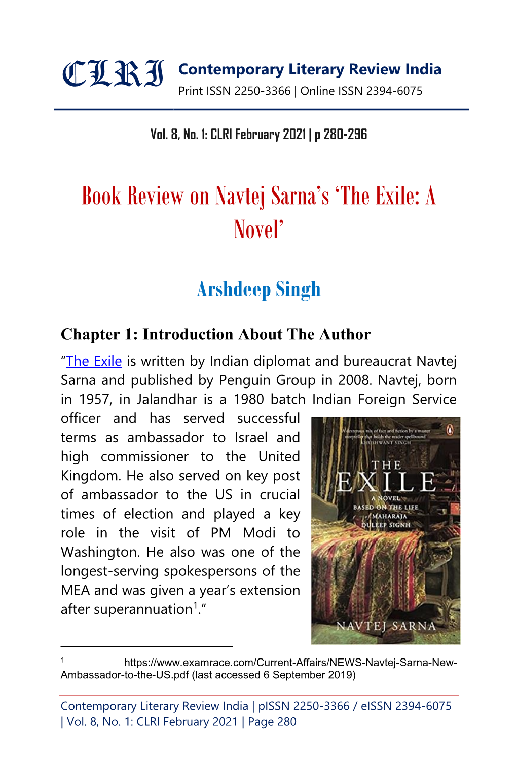 Book Review on Navtej Sarna's 'The Exile: a Novel'