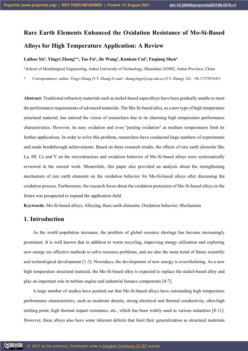 Rare Earth Elements Enhanced the Oxidation Resistance of Mo-Si-Based Alloys for High Temperature Application