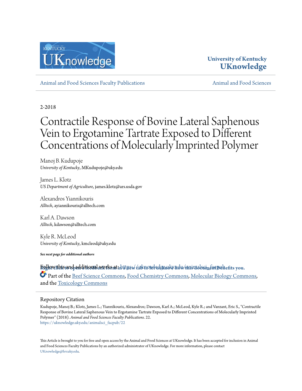 Contractile Response of Bovine Lateral Saphenous Vein to Ergotamine Tartrate Exposed to Different Concentrations of Molecularly Imprinted Polymer Manoj B