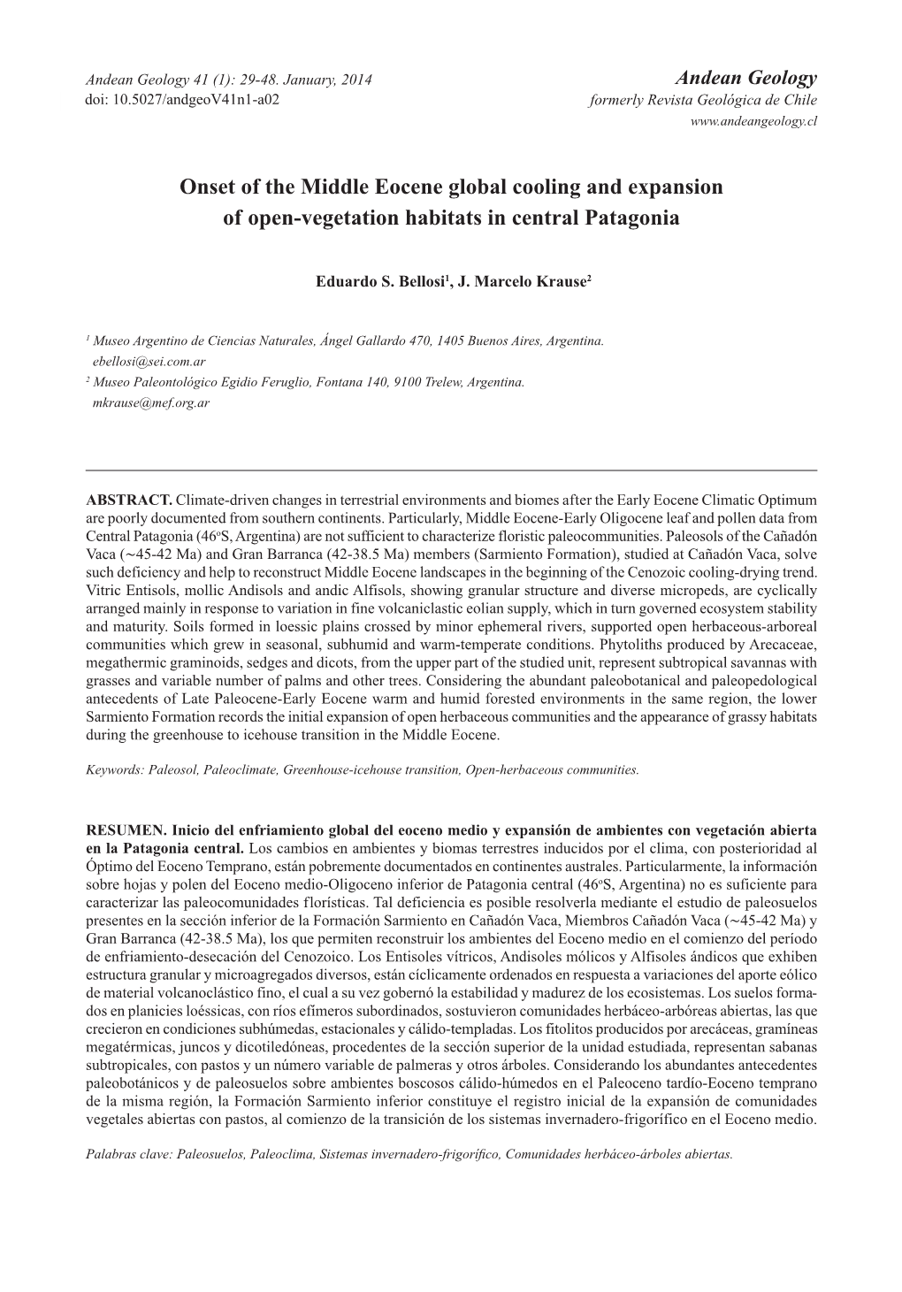 Onset of the Middle Eocene Global Cooling and Expansion of Open-Vegetation Habitats in Central Patagonia