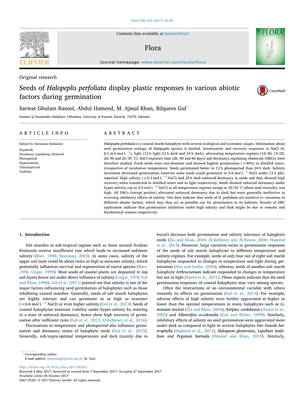 Seeds of Halopeplis Perfoliata Display Plastic Responses to Various Abiotic Factors During Germination