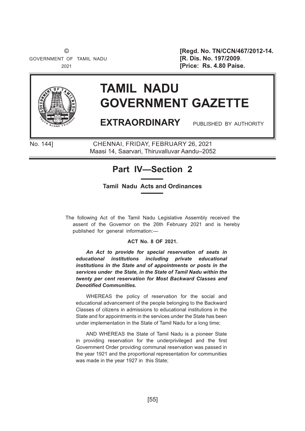 144] 144] CHENNAI,CHENNAI, FRIDAY,FRIDAY, FEBRUARY 26, 26, 2021 2021 Maasimaasi 14,14, Saarvari, Thiruvalluvar Aandu–2052Aandu–2051