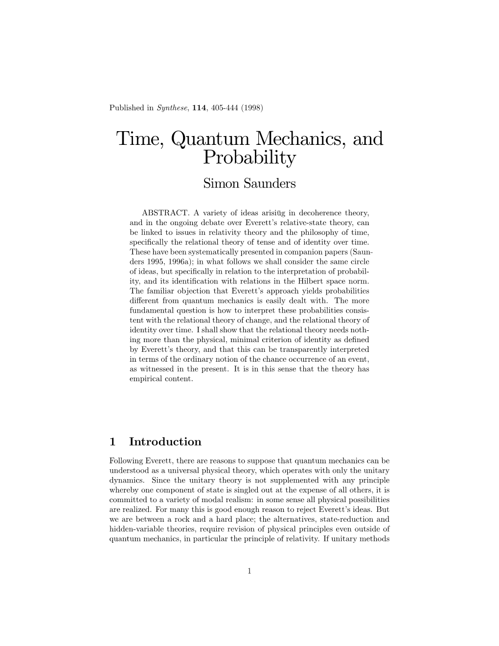 Time, Quantum Mechanics, and Probability Simon Saunders