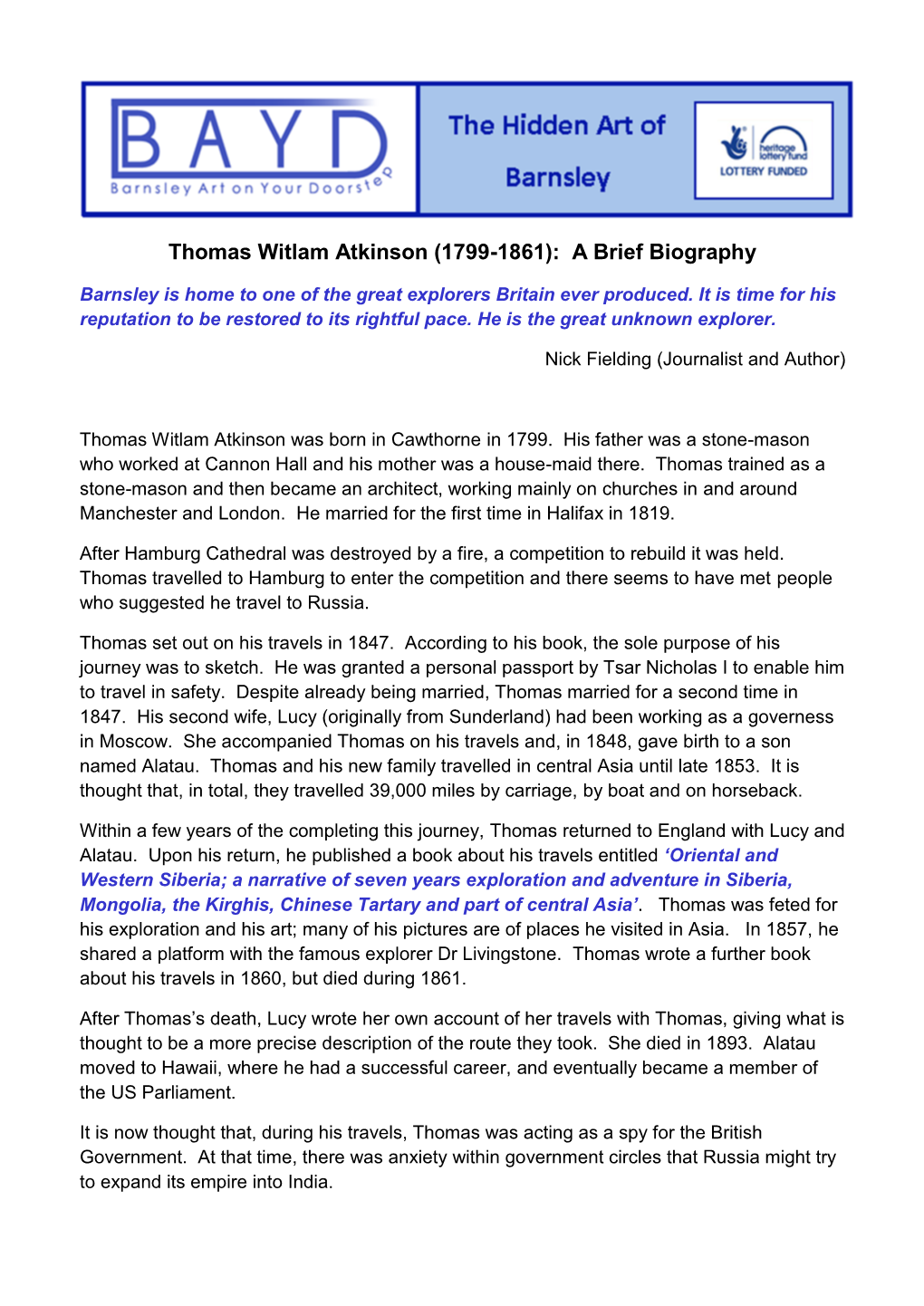 Thomas Witlam Atkinson (1799-1861): a Brief Biography