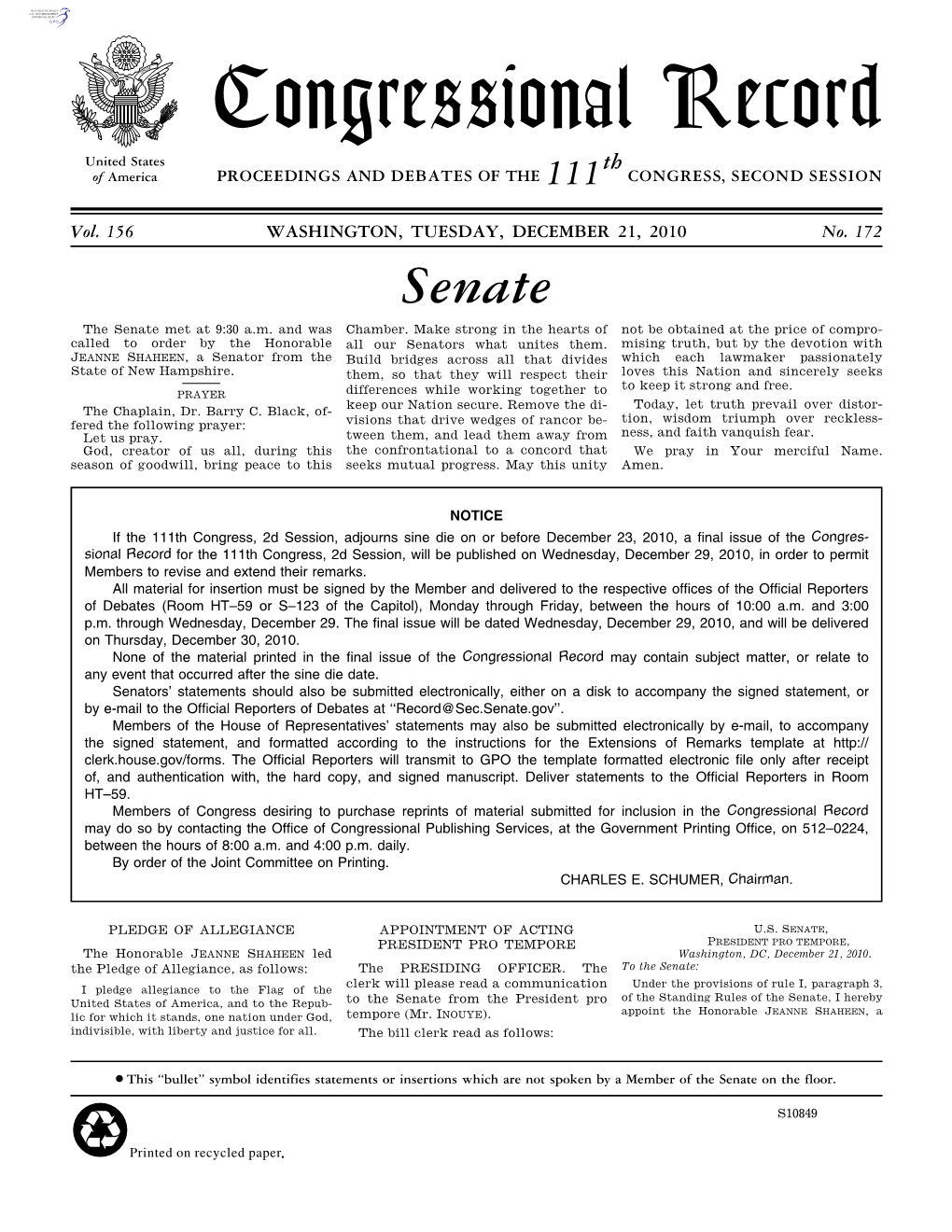 Congressional Record United States Th of America PROCEEDINGS and DEBATES of the 111 CONGRESS, SECOND SESSION