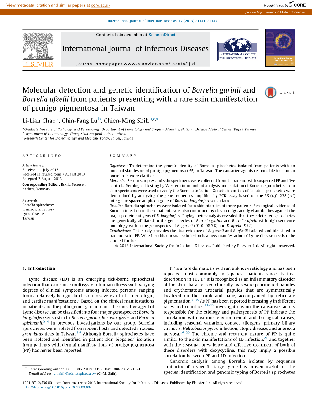 Molecular Detection and Genetic Identification of Borrelia Garinii And