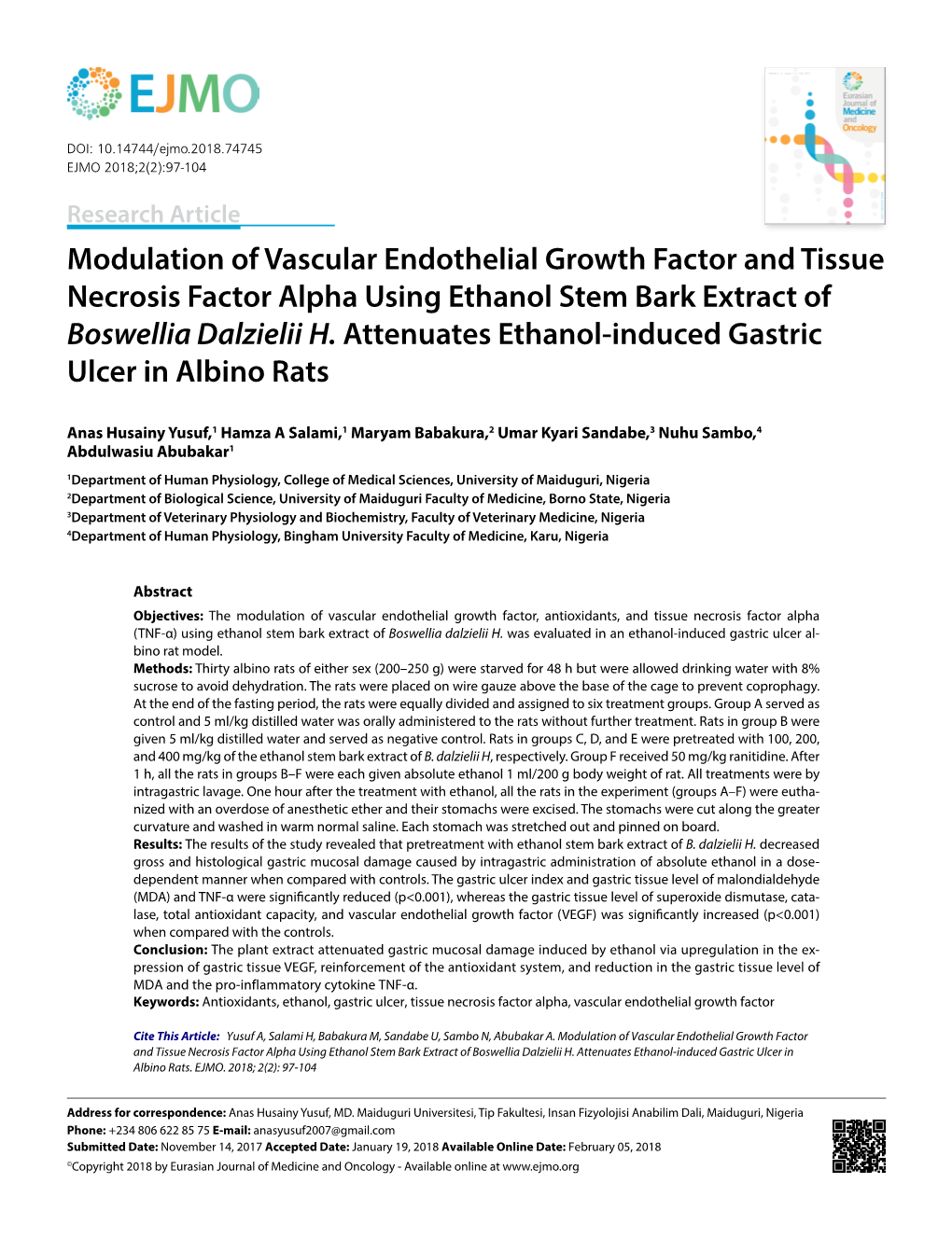 Modulation of Vascular Endothelial Growth Factor and Tissue Necrosis Factor Alpha Using Ethanol Stem Bark Extract of Boswellia Dalzielii H