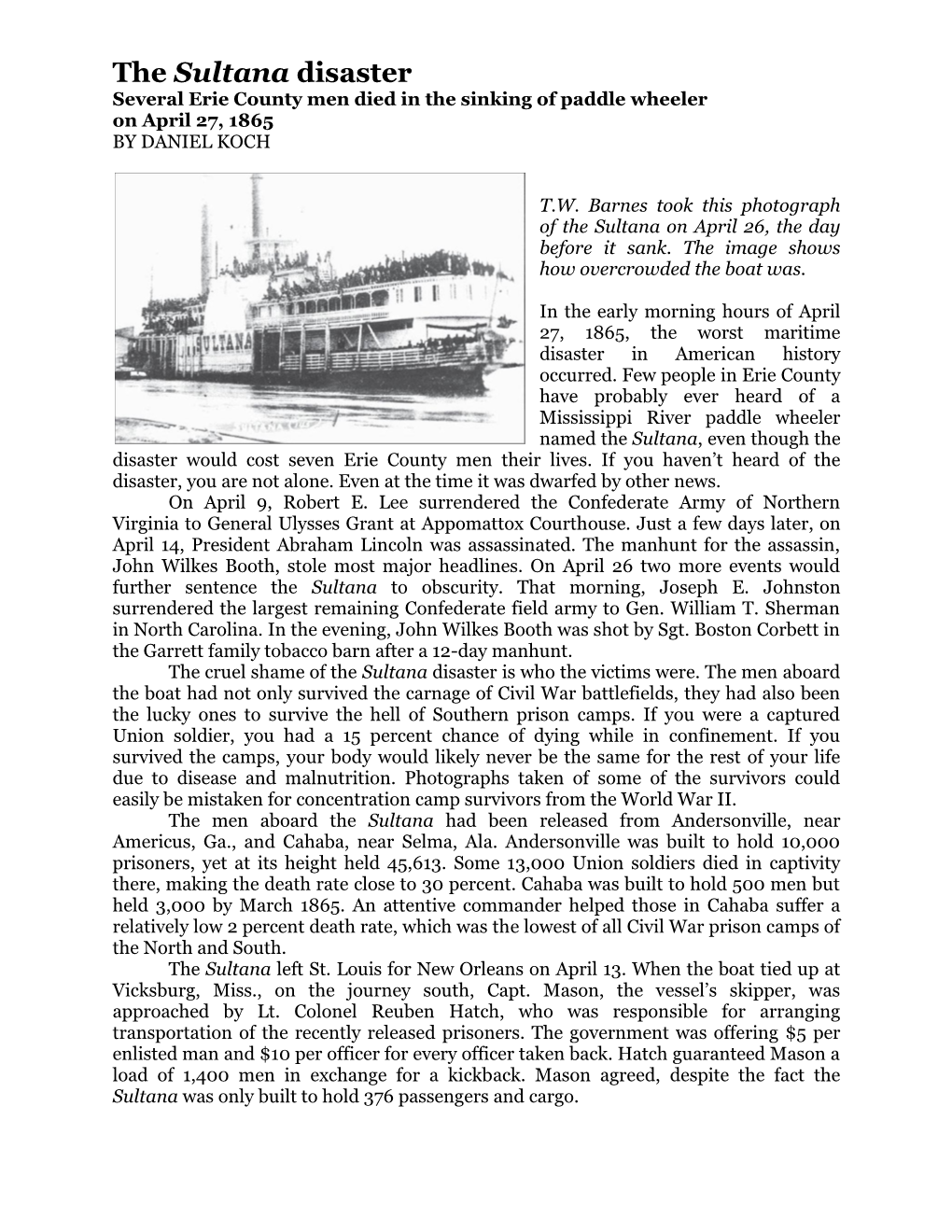 The Sultana Disaster Several Erie County Men Died in the Sinking of Paddle Wheeler on April 27, 1865 by DANIEL KOCH