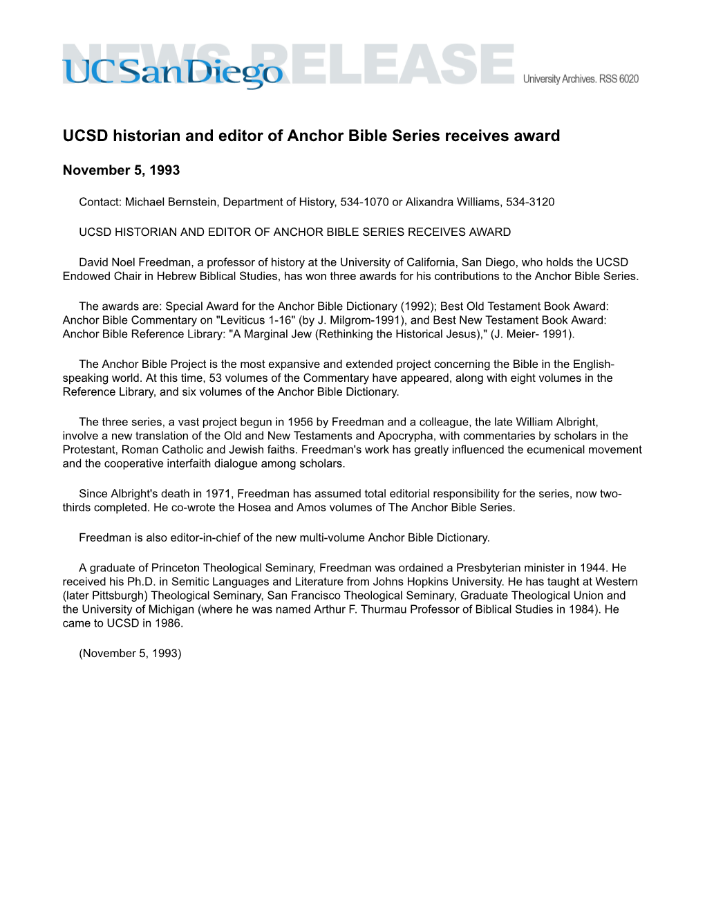 UCSD Historian and Editor of Anchor Bible Series Receives Award