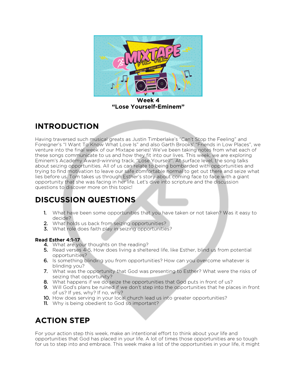 Introduction Discussion Questions Action Step