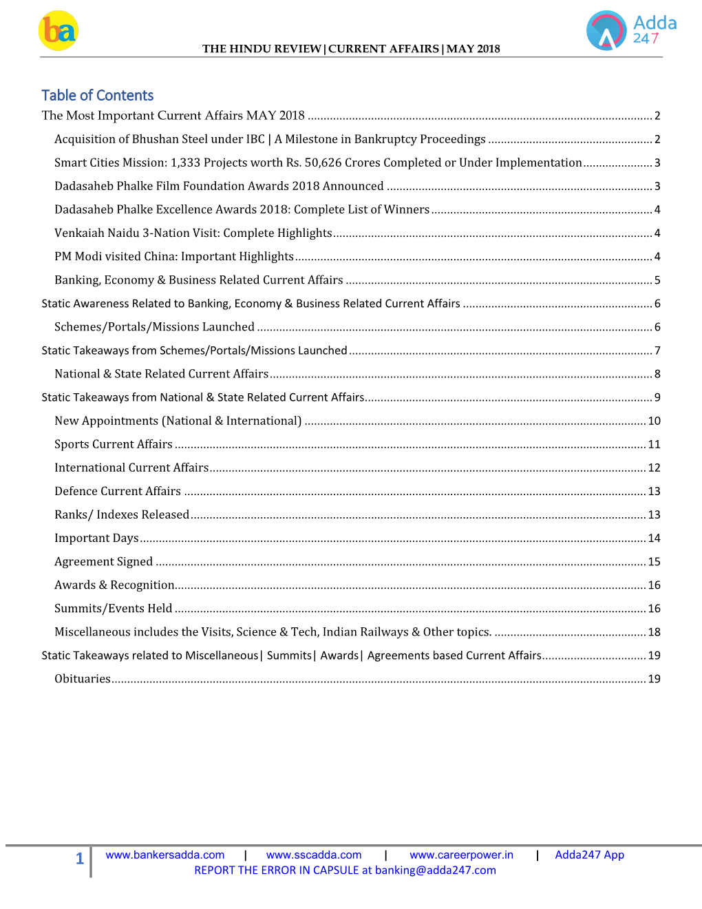Table of Contents the Most Important Current Affairs MAY 2018