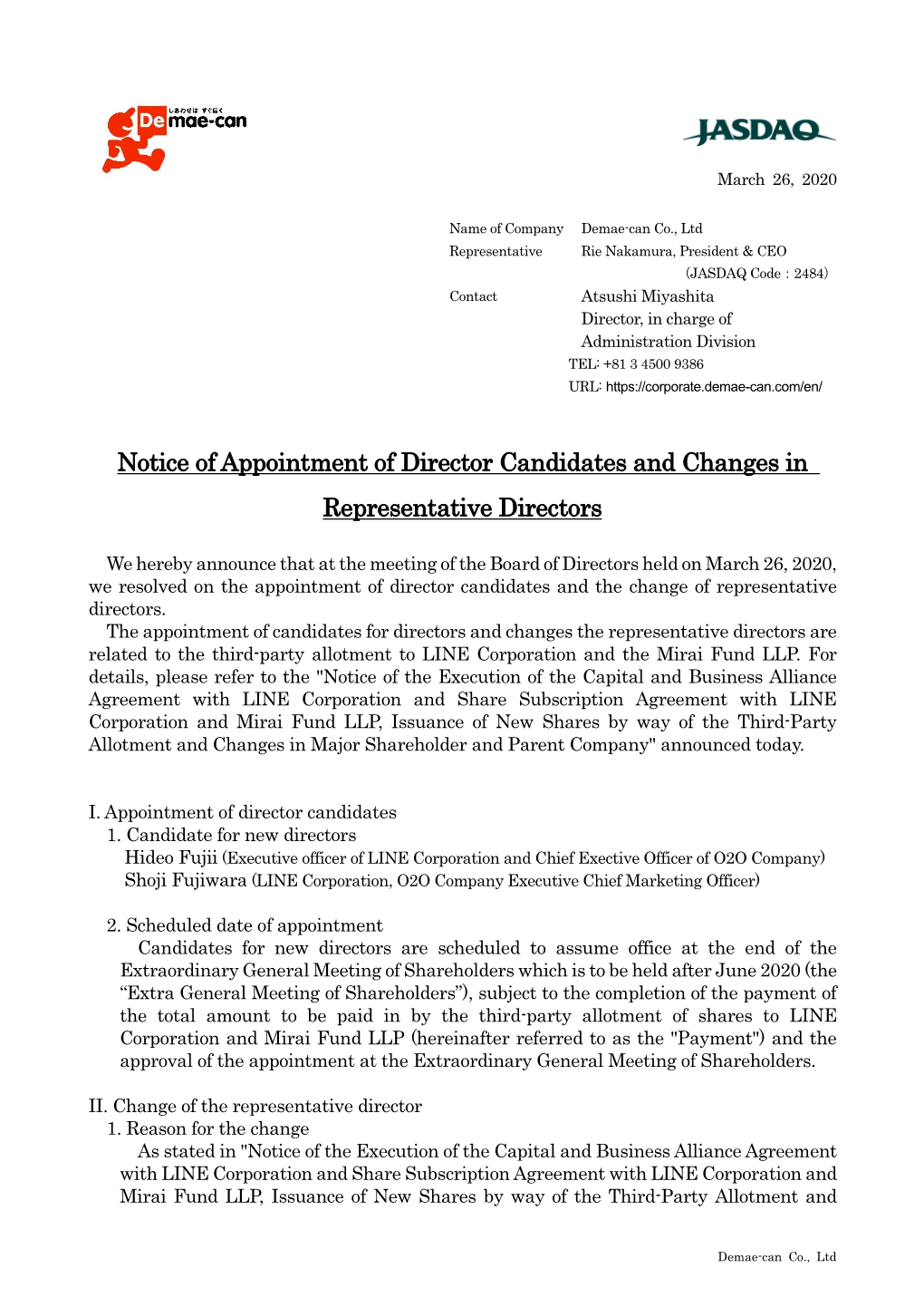 Notice of Appointment of Director Candidates and Changes in Representative Directors
