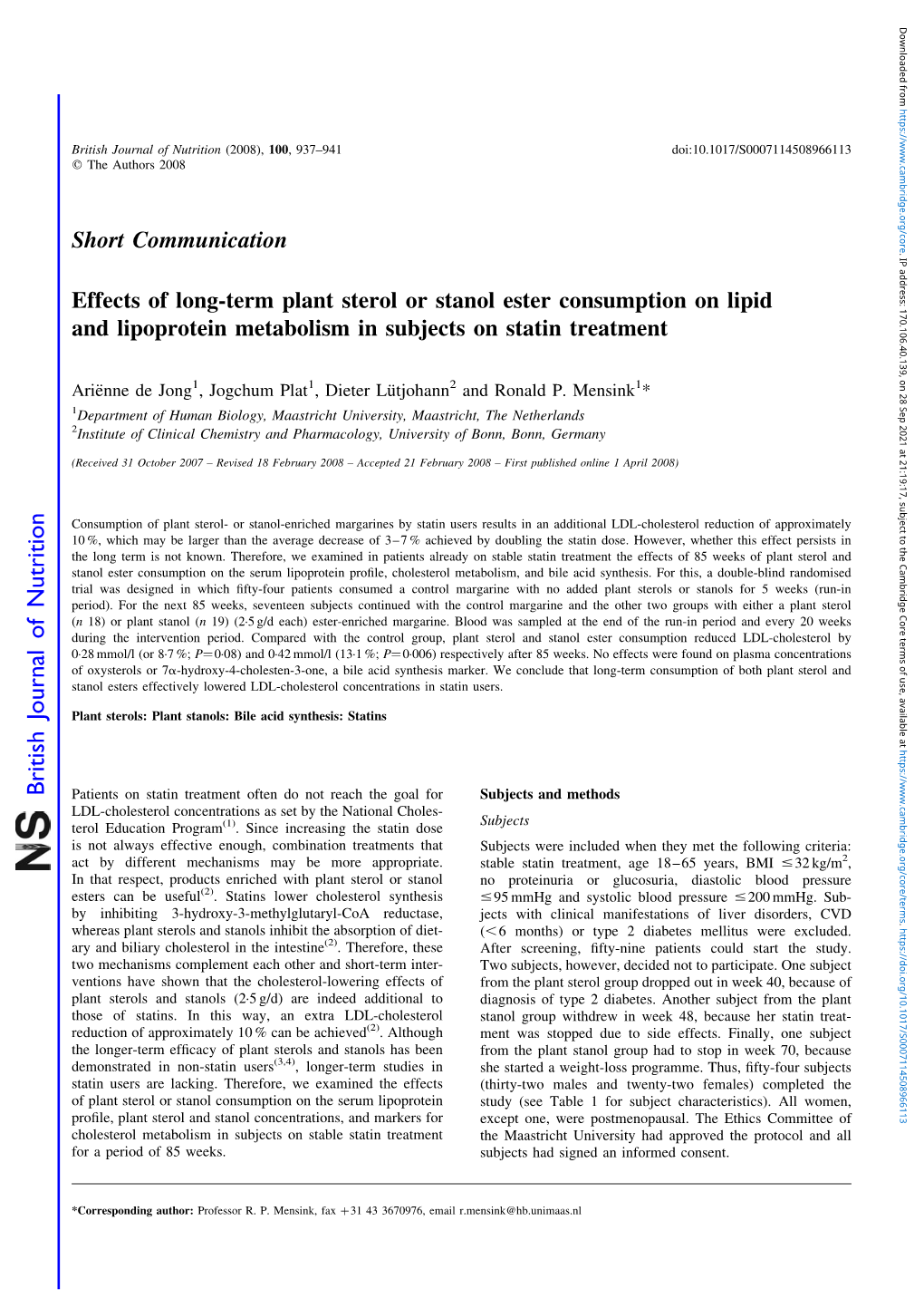 Effects of Long-Term Plant Sterol Or Stanol Ester Consumption on Lipid 170.106.40.139 and Lipoprotein Metabolism in Subjects on Statin Treatment