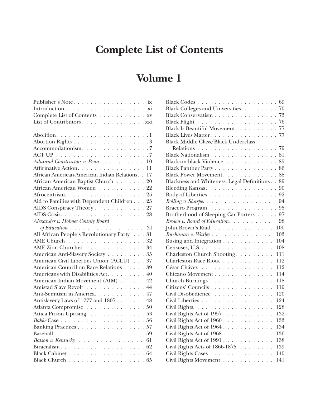 Complete List of Contents Volume 1