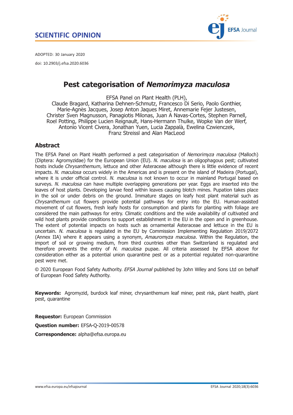 Pest Categorisation of Nemorimyza Maculosa