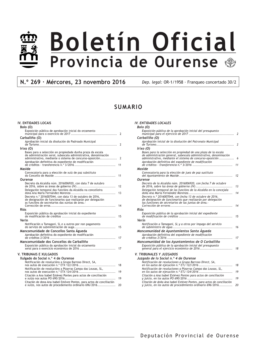 Boletín Oficial Provincia De Ourense