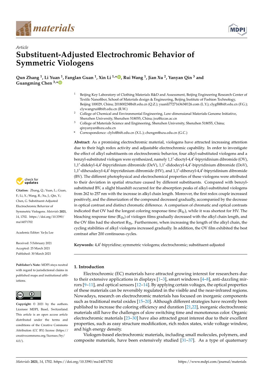 Substituent-Adjusted Electrochromic Behavior of Symmetric Viologens