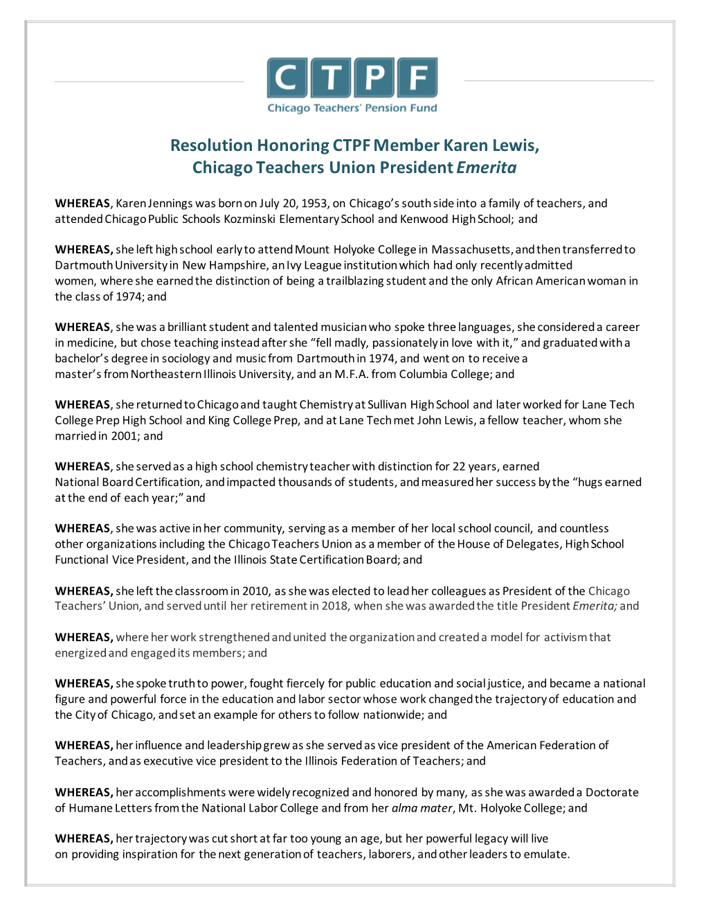 Resolution Honoring CTPF Member Karen Lewis, Chicago Teachers Union President Emerita