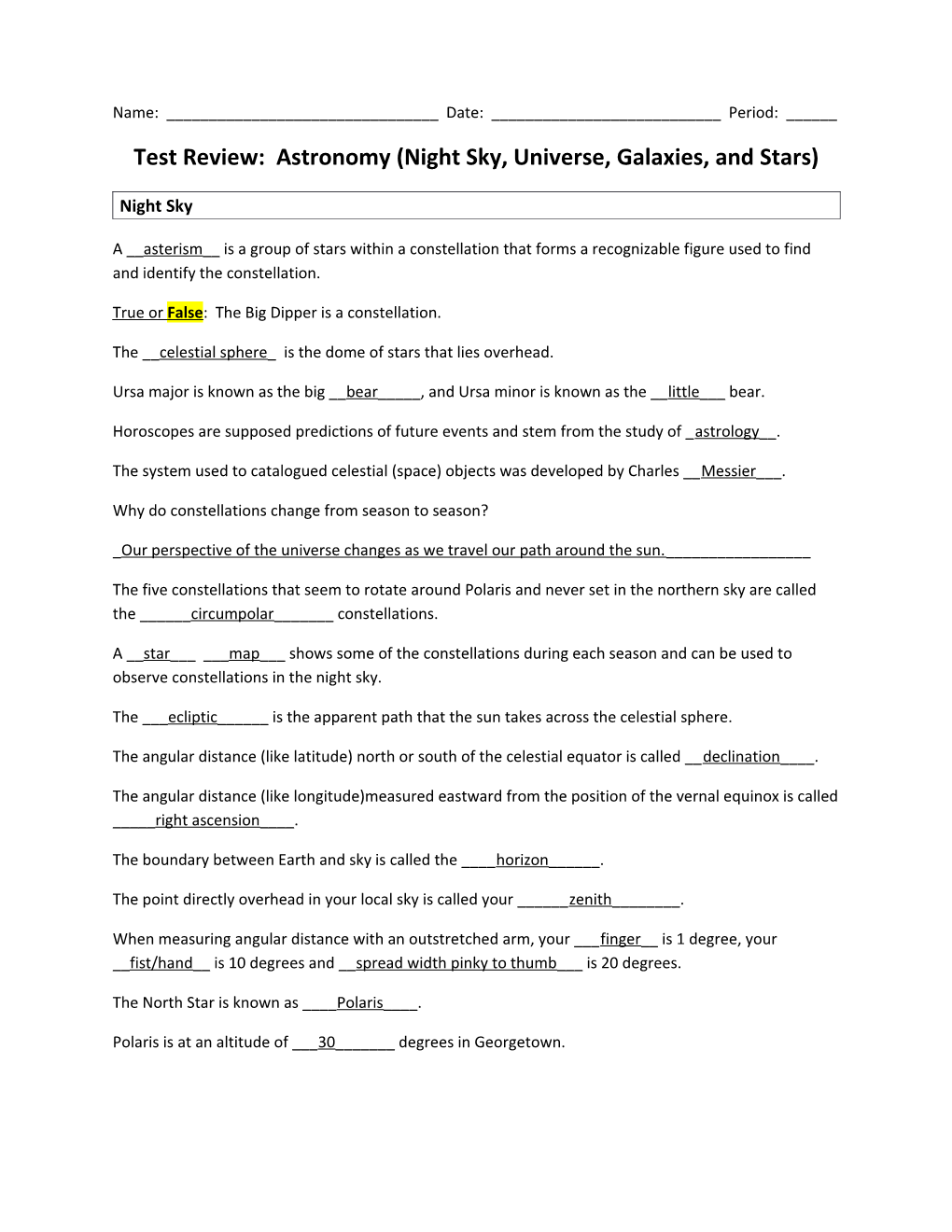 Test Review: Astronomy (Night Sky, Universe, Galaxies, and Stars)