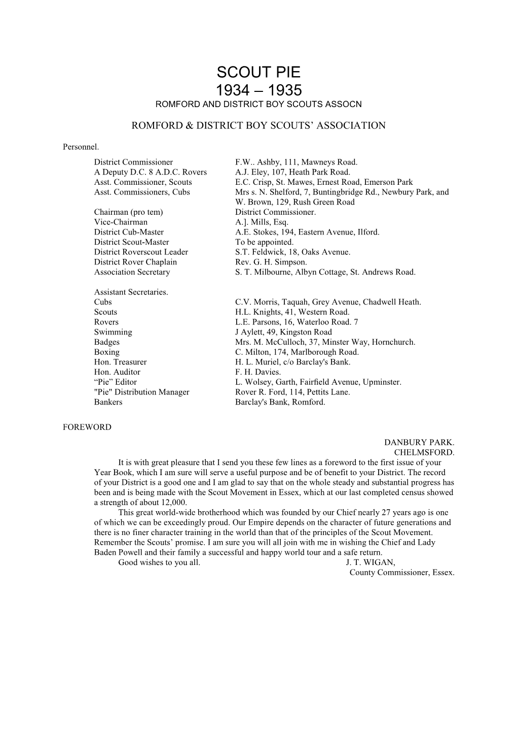 Scout Pie 1934 – 1935 Romford and District Boy Scouts Assocn