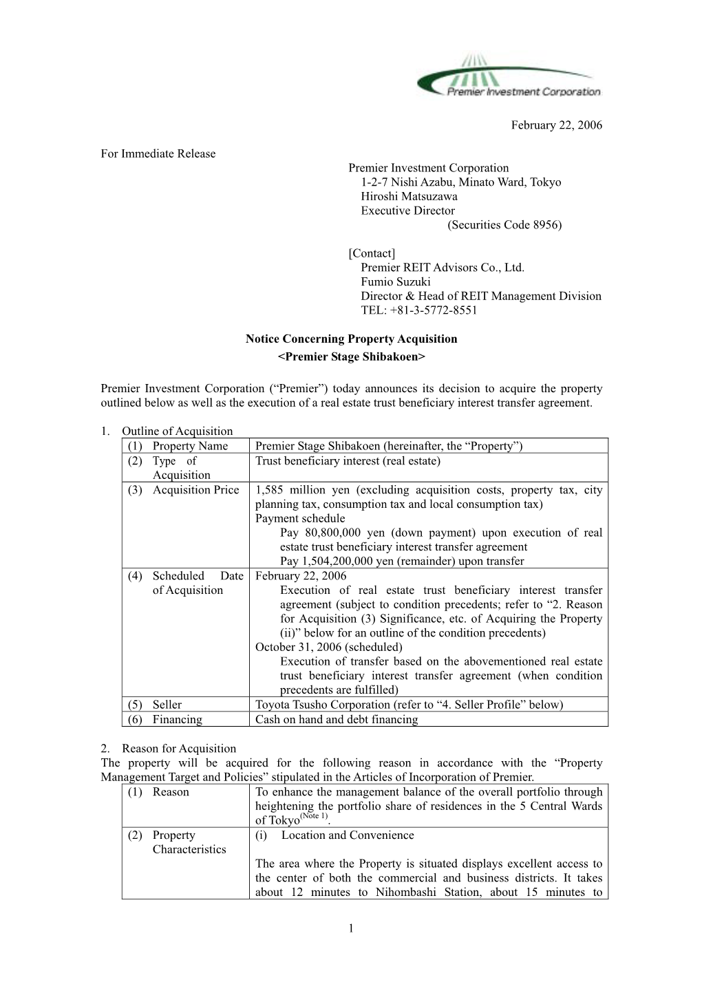 Notice Concerning Property Acquisition(Premier Stage