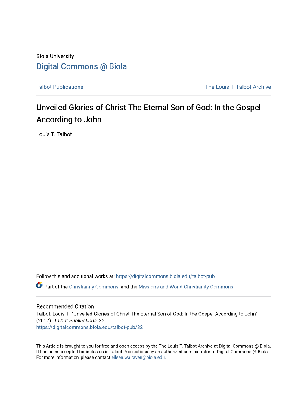 Unveiled Glories of Christ the Eternal Son of God: in the Gospel According to John