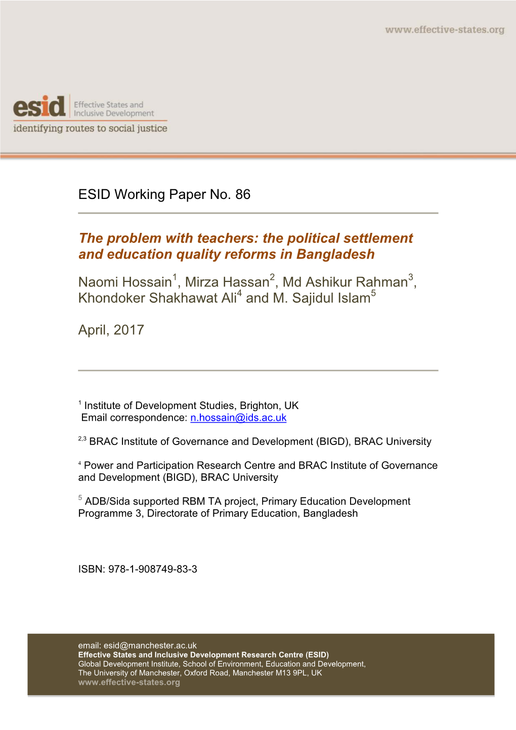 ESID Working Paper No. 86 the Problem with Teachers: the Political